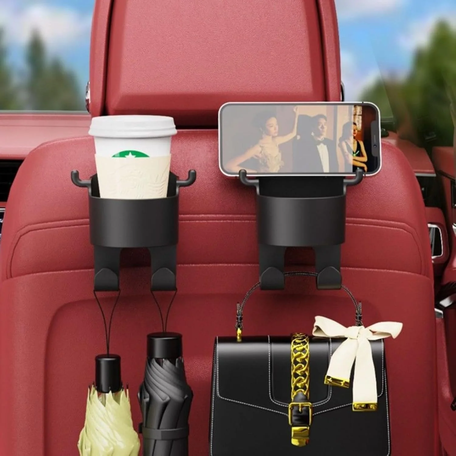 3-in-1 Car Seat Back Hook with Cup Holder (Set of 2); f - Image 2