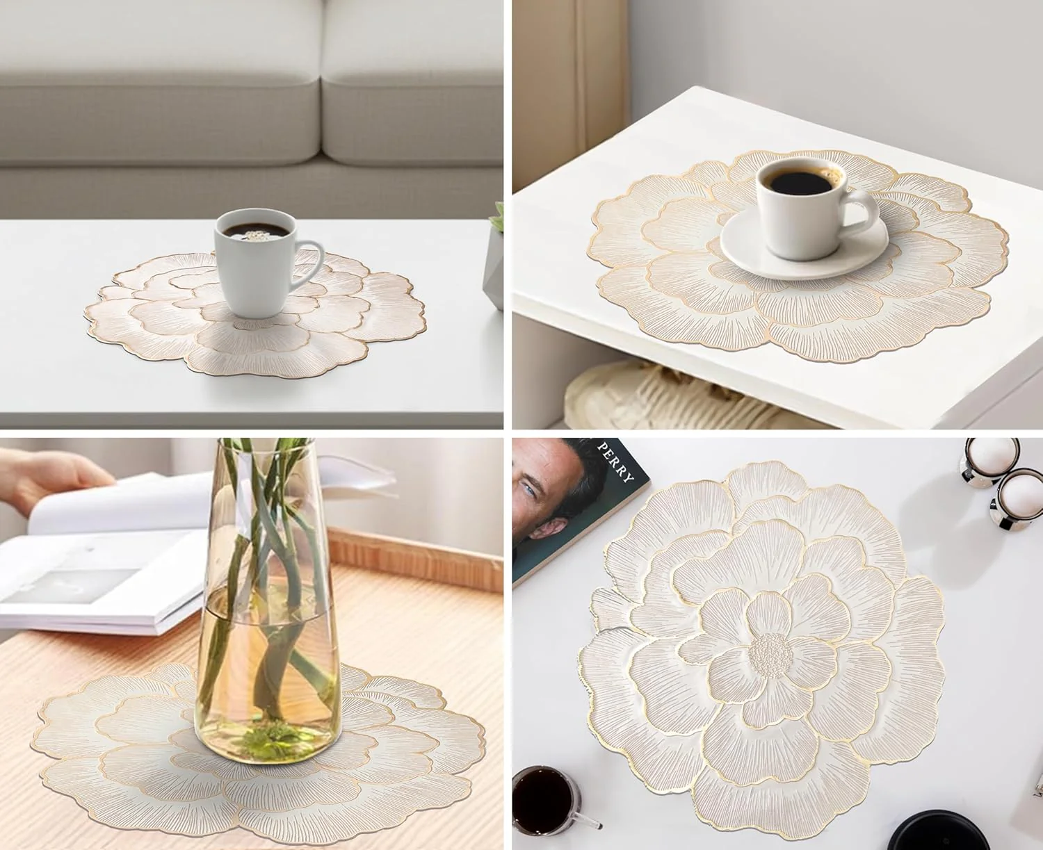 Luxury Floral Golden Round PVC Placemat | Waterproof & Anti-Skid;f