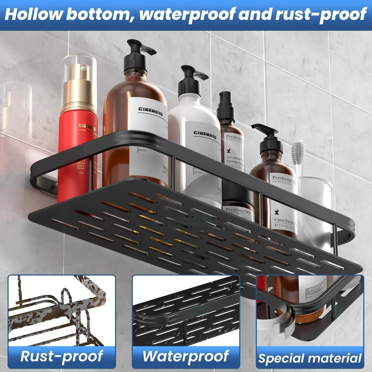 Premium Metal Home & Bathroom Wall Shelf Organiser, Black. -g - Image 3