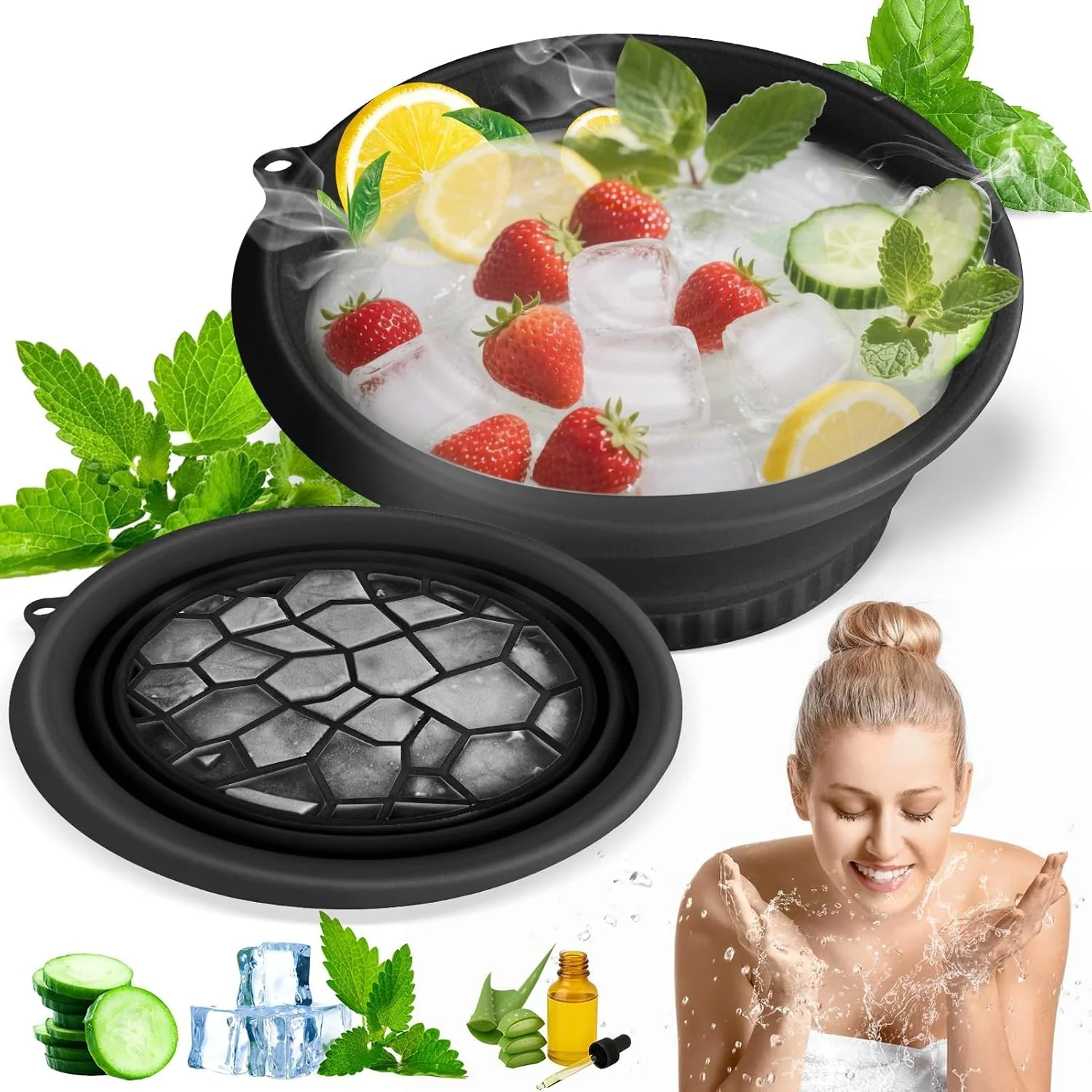 Silicone Facial Ice Bath Bowl – Collapsible Cold Therapy Spa Tool; f