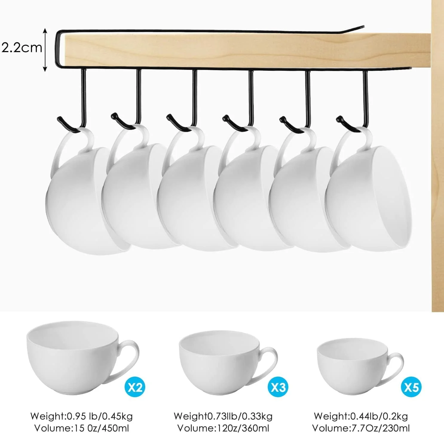 Under-Shelf 6-Hook Mug & Cup Holder Rack (pack of 2)– Space-Saving Kitchen Cabinet Organizer,g - Image 2