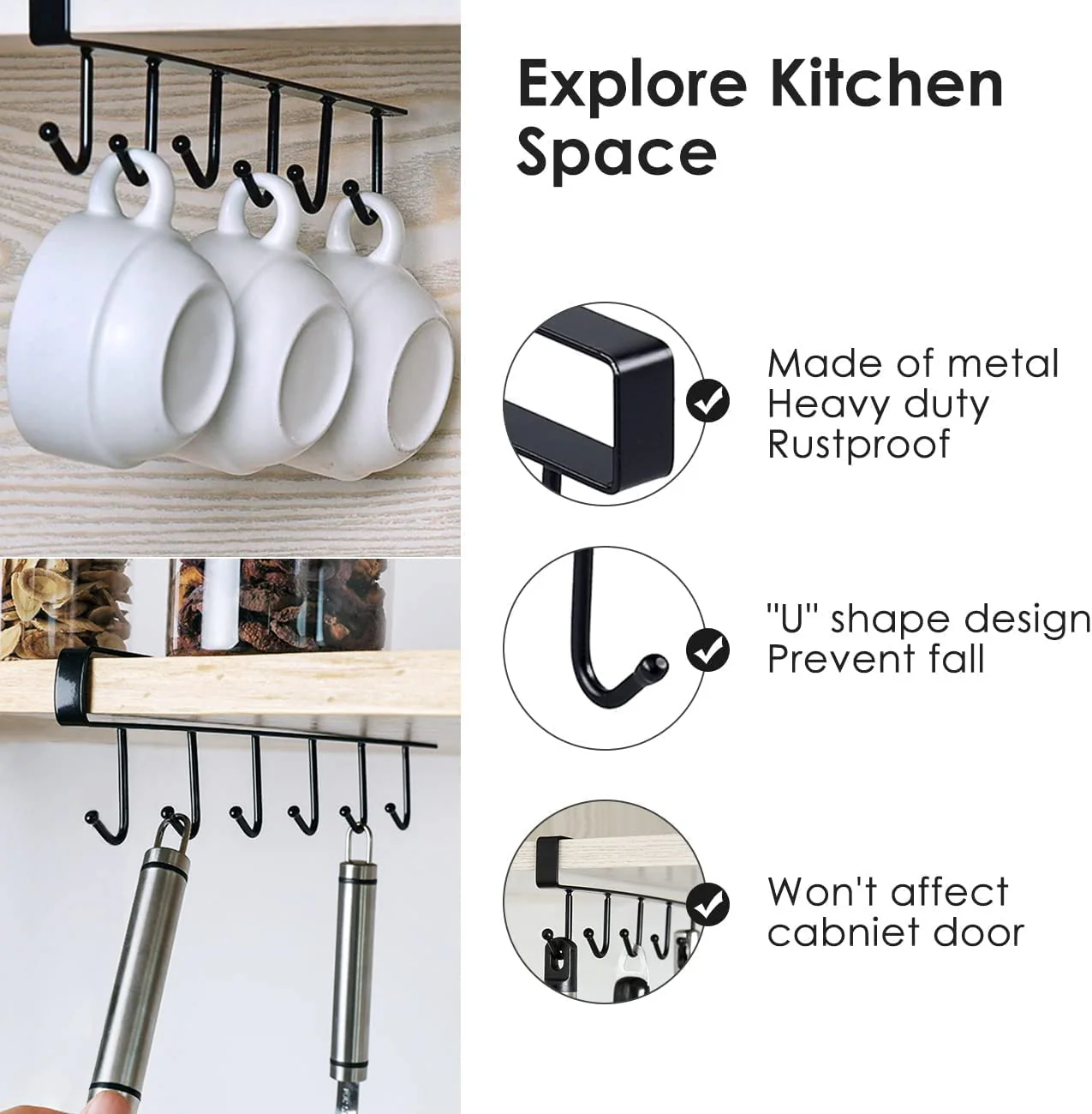 Under-Shelf 6-Hook Mug & Cup Holder Rack (pack of 2)– Space-Saving Kitchen Cabinet Organizer,g - Image 3