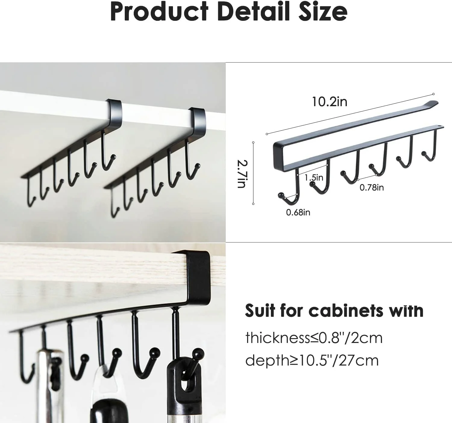 Under-Shelf 6-Hook Mug & Cup Holder Rack (pack of 2)– Space-Saving Kitchen Cabinet Organizer,g - Image 6